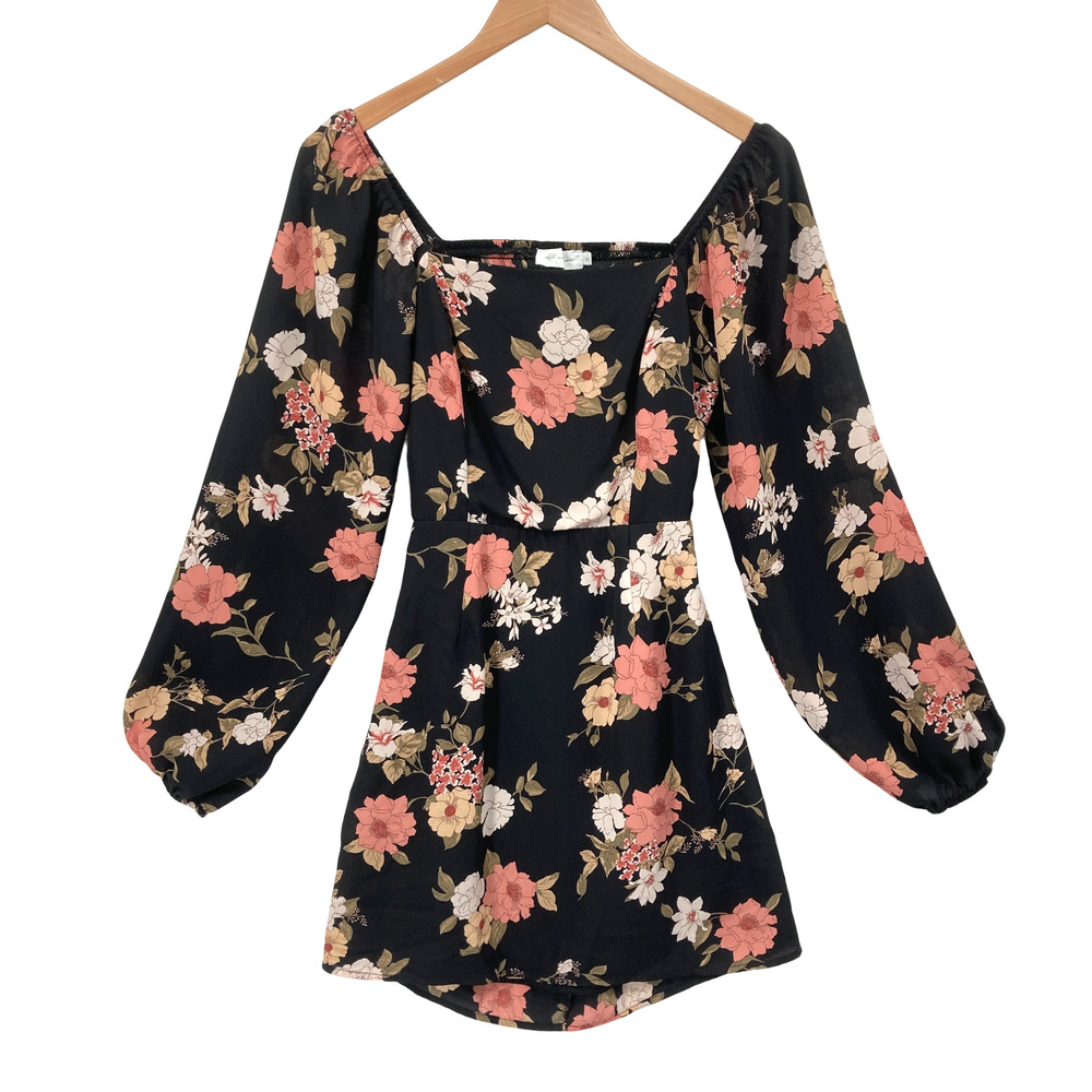 All in Favor Black Floral Off-Shoulder Long Sleeve Smocked Mini Dress Size Small